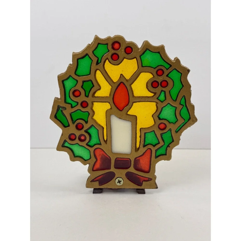 Vintage Christmas Wreath Stained Glass Style Cast Metal Votive Candle Holder